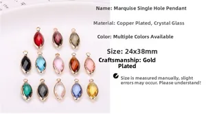 Detail view of 24x38mm marquise crystal glass pendants with gold-plated copper frame