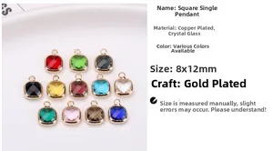 Detailed macro view of 12 colors 8x12mm gold-plated copper glass crystal square pendants