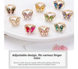 Adjustable 18K gold plated copper rings with colorful crystal butterfly charms