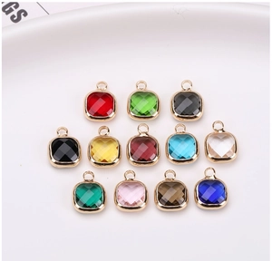 Set of 12 colorful square faceted crystal pendants with gold plated borders for DIY jewelry
