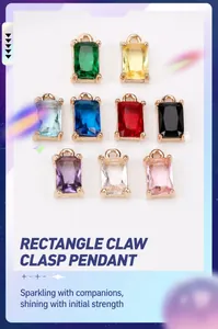 Macro detail of nine-color rectangular crystal pendants with gold-plated copper settings