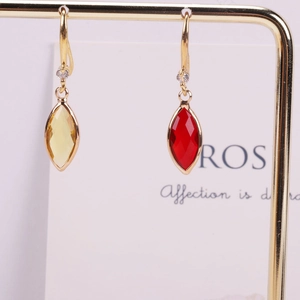 Elegant marquise cut crystal glass drop earrings in lemon yellow and bright red gemstone colors