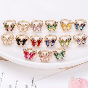 18K gold plated butterfly ring set with colorful zircon stones in adjustable open design