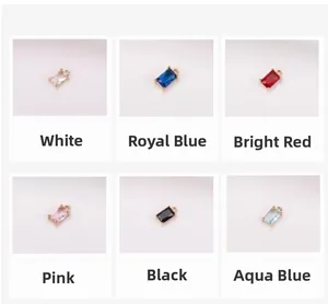 Detailed grid view of rectangular crystal charms in six vibrant colors with gold plating