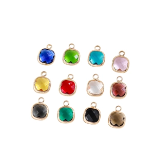 Set of 12 colorful square glass crystal pendants with gold plated copper edging for DIY