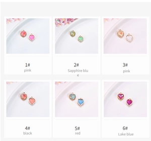 Grid view of colorful heart pendants with copper gold edges in six various stone colors
