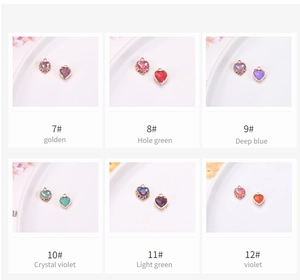 Macro display of colorful heart charms in six combinations for DIY jewelry making