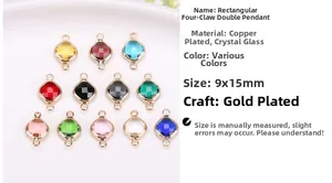 Macro view of 9x15mm faceted crystal glass charms with gold-plated double loop connectors