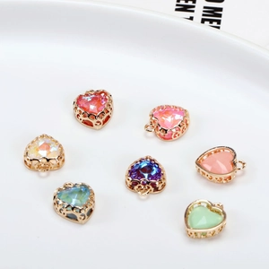 Colorful heart pendants with gold hollow lace base and crystals for jewelry DIY making