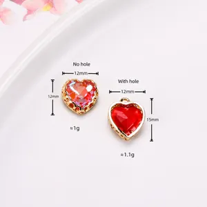 Red heart crystal pendant with gold flower border for DIY necklace and earring making