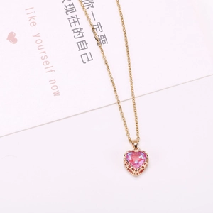 Pink heart crystal necklace with gold hollow lace pendant and elegant gold chain