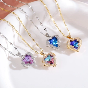 Titanium steel heart crystal necklace set with small diamonds in blue and purple colors