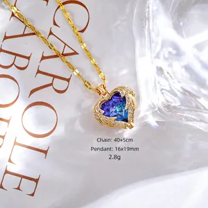 Titanium steel heart necklace with blue gradient crystal and gold chain for women