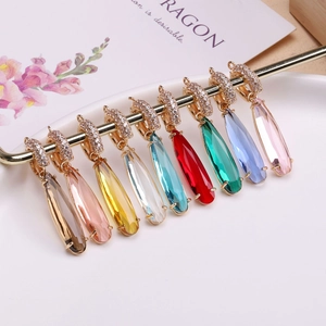 Set of 9 colorful teardrop crystal pendants with gold-plated edges and zircon hoops