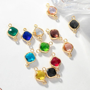 Colorful square faceted crystal glass pendants with gold plated metal bezel and double loops
