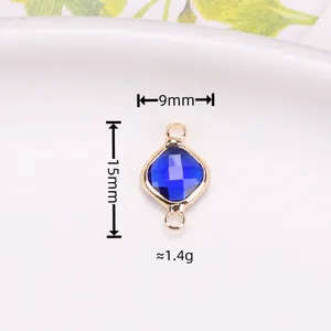 Sapphire blue faceted square crystal pendant with gold bezel and double loops 9x15mm