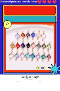 Macro view of multi-color rhombus double-hole crystal pendants with gold metal frames