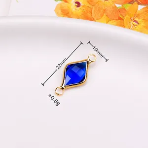Gold plated rhombus blue crystal pendant with double loops for DIY jewelry making, 22x10mm