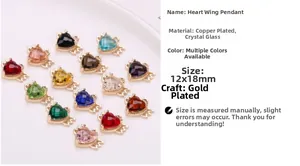Detailed view of 14 colorful crystal heart wing pendants made of gold-plated copper