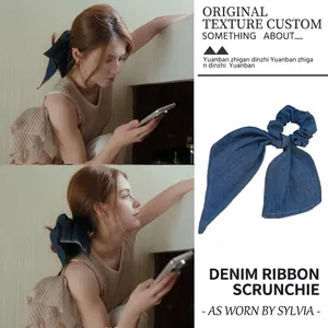 Denim Bow Scrunchie Hair Tie Large Ribbon Streamer Elastic Ponytail Holder Korean Style Cloth Headwear For Women