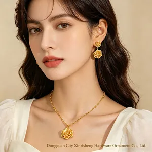 Rose Flower Necklace Earrings 18K Gold Plated Stainless Steel With 925 Sterling Silver Earring Post Jewelry Collection