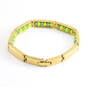 Geometric Stainless Steel Bracelet 18K Gold Plated For Women With Colorful Yellow Green Beads Minimalist Jewelry