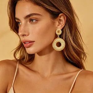 Elegant 18K Gold Plated Stainless Steel Drop Earrings For Women Double Hoop Textured Geometric Woven Design