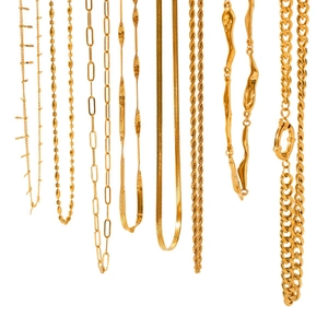 Multiple gold plated stainless steel chains including Cuban, snake and twist link styles