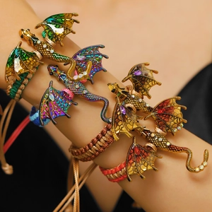 Retro colorful dragon charm woven bracelets with metal wings and adjustable ropes