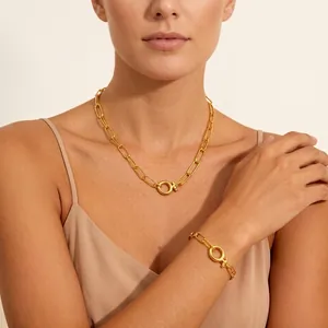Paperclip Chain Necklace Bracelet 18K Gold PVD Plated Stainless Steel Round Spring Ring Clasp Minimalist Jewelry Women Men