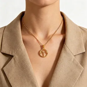 Zodiac Pendant Necklace 18K Gold Plated Stainless Steel Hollow Circular Constellation Charm Jewelry For Women Men