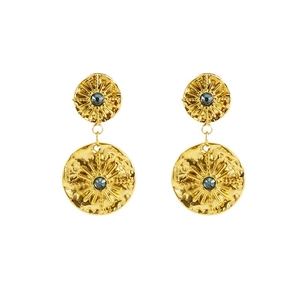 Vintage gold-plated double circle drop earrings with sunburst star and dark grey crystals