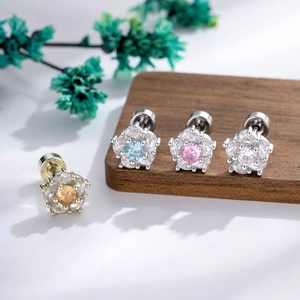 Flower Camellia Ear Cartilage Stud Earrings Titanium Steel Piercing Jewelry With Zircon Copper For Women Screw Flat Back