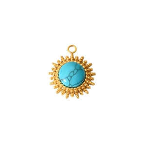 Bohemian stainless steel sunburst pendant with a round turquoise stone and golden beads