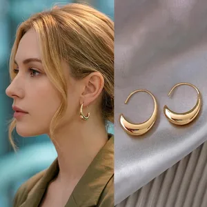 Minimalist Oval Ear Hook Earrings 14K Gold Plated Metal Polished Geometric Chic Trendy Fashion Jewelry For Women Daily Wear