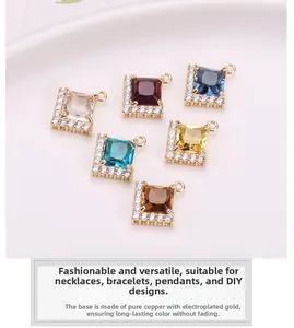 Pendentifs carrés en cristal six couleurs avec base en cuivre doré pour bijoux DIY