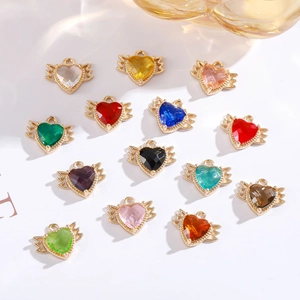 Colorful crystal heart with wings pendants in gold plated copper for DIY jewelry making