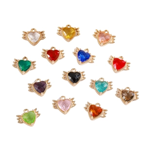 Colorful gold-plated heart wing pendants with crystal stones for DIY jewelry making