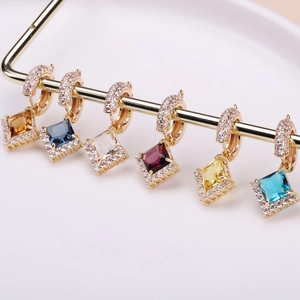 Elegant square crystal pendant earrings with gold plating and cubic zirconia in six colors
