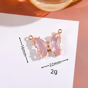Exquisite 14K gold butterfly pendant with pink crystal and tiny diamonds, 16mm x 22mm