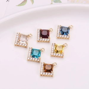 Set of six colorful square crystal pendants with gold bezels for DIY jewelry making
