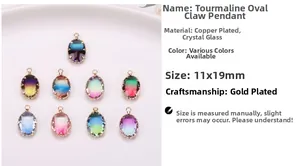 Detail of 11x19mm gold-plated tourmaline oval crystal pendants in multiple gradient colors