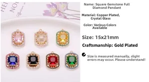 Colgantes cuadrados de cristal en 7 colores con acabado en cobre dorado y tamaño 15x21mm