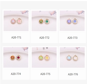 Grid display of square crystal pendants in six colors with micro-pave diamond borders