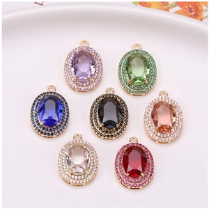 Set of 7 colorful oval crystal pendants with double pavé rhinestones for jewelry making