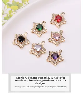 Detail of colorful star-shaped jewelry pendants in gold-plated copper and sparkling zircon