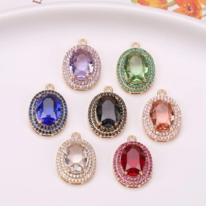 Oval Artificial Crystal Pendant With Rhinestone Double Halo Gold Plated Copper Charm For DIY Jewelry Making Accessories