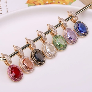 Colorful oval crystal pendant set with diamond halo and gold plating for jewelry DIY