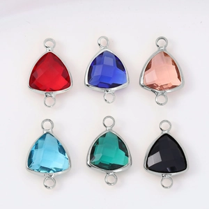 Set of six triangular faceted glass pendants in assorted colors with silver plated frames