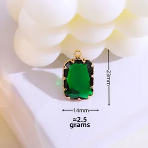 Colgante rectangular de cristal verde esmeralda chapado en oro para joyería DIY